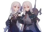  2girls :o arknights ascot bangs belt black_capelet black_dress black_gloves black_nails blood blood_on_clothes blood_on_face breasts capelet cleavage cleavage_cutout cloth clothing_cutout cowboy_shot dress eyebrows_visible_through_hair gloves grey_ascot grey_hair grey_shirt hair_between_eyes long_hair long_sleeves looking_at_another looking_at_viewer medium_breasts multiple_girls nail_polish navel open_mouth parted_lips red_eyes shirt shoulder_cutout shoulder_strap simple_background skadi_(arknights) specter_(arknights) specter_the_unchained_(arknights) sword theta_(swfh8575) very_long_hair weapon weapon_on_back white_background wiping_face 