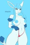  2022 anthro belly_piercing big_breasts bikini bikini_bottom blue_body bottomwear breasts clothed clothing conditional_dnp digital_media_(artwork) eeveelution female flat_colors glaceon hi_res looking_at_viewer navel navel_piercing nikoyishi nintendo nipples nude open_mouth piercing pok&eacute;mon pok&eacute;mon_(species) simple_background smile solo standing swimwear thick_thighs topless underwear video_games wedgie white_body wide_hips 