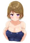  1girl absurdres bangs bare_arms blue_swimsuit blush breasts brown_hair cleavage closed_mouth clothes_pull collarbone embarrassed eyebrows_visible_through_hair highres koizumi_hanayo looking_at_viewer love_live! medium_breasts parted_bangs purple_eyes shinonon_(iso_shino) short_hair simple_background solo swimsuit swimsuit_pull upper_body white_background 