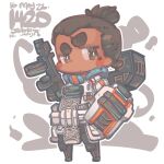  1boy :o apex_legends armor artist_name blush brown_eyes brown_hair chibi dark-skinned_male dark_skin dated gibraltar_(apex_legends) gun hair_bun highres holding holding_gun holding_weapon jr4rt looking_to_the_side male_focus r-99_smg shield short_eyebrows solo submachine_gun thick_eyebrows v-shaped_eyebrows weapon 