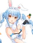  1girl :o absurdres animal_ears blue_hair breasts carrot_hair_ornament cleavage don-chan_(usada_pekora) eyebrows_visible_through_hair food-themed_hair_ornament hair_ornament highres hololive l-phy long_hair looking_at_viewer multicolored_hair orange_eyes rabbit_ears simple_background solo thick_eyebrows twintails two-tone_hair usada_pekora virtual_youtuber white_background white_hair 