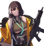  1girl 3_small_spiders absurdres ammunition_belt arm_up bag bangs bare_shoulders black_gloves black_hair blush breasts brown_sweater_vest closed_mouth commentary eyebrows_visible_through_hair gas_mask girls&#039;_frontline gloves gun hair_ornament hairclip heterochromia highres holding holding_gun holding_weapon id_card jacket jacket_pull long_hair looking_at_viewer mask mask_around_neck medium_breasts multicolored_hair open_clothes open_jacket red_eyes ro635 ro635_(girls&#039;_frontline) skirt smile solo streaked_hair sweater_vest upper_body weapon white_background yellow_eyes yellow_jacket 