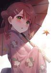  1girl :o absurdres autumn_leaves b.ren floral_print hair_ornament hairclip highres holding holding_umbrella japanese_clothes kimono looking_at_viewer looking_to_the_side love_live! love_live!_nijigasaki_high_school_idol_club medium_hair oil-paper_umbrella pink_kimono print_kimono red_hair rose_print shade side_bun solo uehara_ayumu umbrella upper_body yellow_eyes 