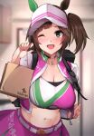  1girl bag belt blurry blurry_background breasts cleavage commentary_request green_eyes highres horse_girl ines_fujin_(umamusume) large_breasts looking_at_viewer midriff navel one_eye_closed paper_bag sezok solo sweat umamusume visor_cap 