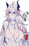  1boy 1other arknights blush breasts cup doctor_(arknights) dress drinking_glass ear_piercing genderswap genderswap_(mtf) gloves highres horns jewelry long_hair marthabucks oripathy_lesion_(arknights) piercing pink_hair pointy_ears theresis_(arknights) white_dress white_gloves wine_glass 