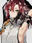  1boy armpits choker genshin_impact green_eyes grey_background highres looking_at_viewer loomyoi2 male_focus mole mole_under_eye red_hair shikanoin_heizou shirt sleeveless sleeveless_shirt smile solo white_shirt wristband 