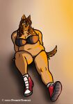  abdominal_bulge absurd_res anthro belly belly_overhang big_breasts breasts canid canine canis chubby_anthro chubby_belly chubby_female clothing curvy_female curvy_figure domestic_dog female female/female footwear hair herding_dog hi_res mammal muscular navel obese overweight overweight_anthro overweight_female pastoral_dog pinup pose sexy_eyes shoes sitting slightly_chubby smile sneakers solo thick_thighs underwear wide_hips 