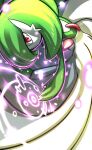  absurdres blurry colored_skin commentary_request energy gardevoir glowing green_hair highres kakashino_kakato looking_at_viewer medium_hair pokemon pokemon_(creature) red_eyes solo white_skin 