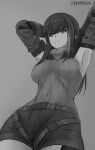  1girl bangs breasts cowboy_shot dgkamikaze elbow_gloves expressionless gigachad_(meme) girls&#039;_frontline gloves highres leotard_sweater long_hair m4a1_(girls&#039;_frontline) medium_breasts meme monochrome shorts sidelocks sleeveless solo 