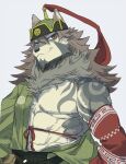  1boy abs animal_ears animal_nose arm_tattoo bara brown_eyes brown_hair chest_tattoo chest_tuft facial_hair furry furry_male goatee grey_fur hair_between_eyes headwear_request highres japanese_clothes kimono male_focus mature_male muscular muscular_male open_clothes open_kimono pectorals s-skio smile snout solo stomach tattoo temujin_(housamo) tokyo_afterschool_summoners tusks white_background wolf_boy wolf_ears 