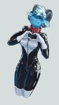  2022 anthro biped bovid breasts caprine clothing collar eyes_closed female goat hair horn mammal peskybatfish red_collar rubber rubber_clothing rubber_suit simple_background smile solo 