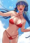  1girl :d bangs bare_arms bare_legs bare_shoulders bikini blue_hair blue_sky blunt_bangs blush breasts c_(theta) cleavage collarbone cowboy_shot criss-cross_halter day eyebrows_visible_through_hair groin halterneck highres idolmaster idolmaster_million_live! idolmaster_million_live!_theater_days kitakami_reika large_breasts long_hair looking_at_viewer navel open_mouth outdoors red_bikini signature sky smile solo standing string_bikini swimsuit twintails very_long_hair yellow_eyes 