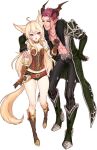  1boy 1girl animal_ear_fluff animal_ears blonde_hair castanic elin fox_ears fox_tail full_body gloves highres looking_at_another looking_to_the_side navel nipuni purple_eyes tail tera_online transparent_background wide_hips 