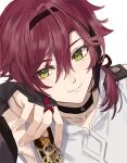  1boy ahoge black_choker choker fractalmagnolia genshin_impact green_eyes long_hair looking_at_viewer low_ponytail male_focus mole mole_under_eye red_hair shikanoin_heizou smile 