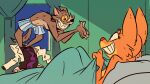  2022 anthro bed boxers_(clothing) canid canine canis clothed clothing diane_foxington dreamworks duo female fluttershythekind fox fur furniture grey_body grey_fur grin hi_res imminent_sex jumping lupin_iii male male/female mammal mr._wolf_(the_bad_guys) nude on_bed orange_body orange_fur smile the_bad_guys topless topless_anthro topless_male under_covers underwear undressing wolf 
