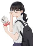  1girl adjusting_eyewear artist_name backpack bag black_hair book brown_eyes glasses hair_ornament hairpin holding holding_book looking_at_viewer mattaku_mousuke medium_hair original ponytail school_uniform shirt skirt solo upper_body watermark white_background 