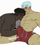  2boys abs bangs bara black_hair blush buffshiro bulge closed_eyes dark-skinned_male dark_skin erection erection_under_clothes groping hand_under_clothes highres interracial large_pectorals male_focus multiple_boys muscular muscular_male navel nipples open_mouth pectorals red_shorts ryan_kinkade scar scar_on_arm scar_on_chest scar_on_face scar_on_leg scar_on_nose scar_on_stomach short_hair shorts sideburns sucking sucking_male_nipple takashi_shirogane thick_thighs thighs topless_male twitter_username undercut voltron:_legendary_defender voltron_(series) white_hair yaoi 