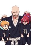  1girl 2boys ? abarai_ichika absurdres bald black_hakama bleach bow choko_egg hair_bow hakama highres holding holding_up japanese_clothes kurosaki_kazui lifting lifting_person long_hair long_sleeves looking_at_another madarame_ikkaku multiple_boys open_mouth orange_eyes orange_hair ponytail purple_bow red_hair teeth upper_body white_background 