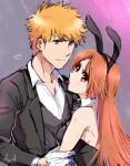  1boy 1girl animal_ears bare_shoulders black_jacket black_leotard bleach blush brown_eyes cherry couple detached_collar fake_animal_ears food fruit gloves grey_vest heart hetero holding_another&#039;s_arm inoue_orihime jacket kurosaki_ichigo leotard long_hair long_sleeves looking_at_viewer mouth_hold muraosa_(conjecture) playboy_bunny rabbit rabbit_ears shirt short_hair upper_body vest white_gloves white_shirt 