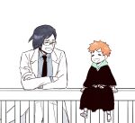  1boy black_hair black_hakama bleach blue_shirt blush bow choko_egg closed_eyes full_body glasses hakama happy highres ishida_uryuu japanese_clothes kurosaki_kazui labcoat leaning_on_rail open_mouth railing shirt sitting sitting_on_railing standing white_background zouri 