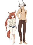  1boy 1girl animal_ear_fluff animal_ears barefoot blue_eyes brown_pants castanic comb combing elin fox_ears fox_tail full_body hand_in_pocket holding holding_comb horns long_hair looking_to_the_side loose_clothes loose_shirt navel nipuni non-web_source open_mouth pants pointy_ears shirt standing tail tera_online thighs transparent_background 
