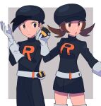  1boy 1girl :o belt black_headwear black_jacket black_pants boots border brown_eyes brown_hair closed_mouth commentary ethan_(pokemon) frown gloves grey_background grey_eyes hand_up hat highres holding holding_poke_ball jacket logo long_hair lyra_(pokemon) pants poke_ball pokemon pokemon_(game) pokemon_hgss team_rocket team_rocket_uniform thigh_boots thighhighs twintails tyako_089 ultra_ball white_belt white_border white_footwear white_gloves 