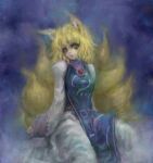  abstract_background animal_humanoid biped blonde_hair blue_clothing blue_tabard breasts canid canid_humanoid canine canine_humanoid clothed clothing colored dress eyelashes female fluffy fluffy_tail fox_humanoid front_view fully_clothed fur hair hiepita_(1014) humanoid inner_ear_fluff light_body light_skin looking_at_viewer makeup mammal mammal_humanoid mascara medium_breasts monotone_body monotone_ears monotone_fur monotone_hair monotone_tail multi_tail painting_(artwork) portrait ran_yakumo shaded short_hair sitting solo tabard three-quarter_portrait touhou traditional_media_(artwork) tuft video_games white_clothing white_dress white_inner_ear white_inner_ear_fluff yellow_body yellow_ears yellow_eyes yellow_fur yellow_tail 