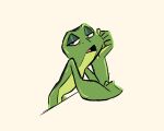  2022 amphibian anthro disney female fluttershythekind frog green_body half-closed_eyes half-length_portrait head_on_hand hi_res looking_at_viewer narrowed_eyes nude open_mouth portrait princess_tiana solo the_princess_and_the_frog tired 
