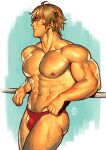 1boy abs artist_name bangs bara blonde_hair briefs bulge closed_mouth fate/grand_order fate_(series) gawain_(fate) highres large_pectorals male_focus male_underwear muscular muscular_male navel nipples pectorals red_male_underwear short_hair simple_background solo thick_thighs thighs underwear xelgot 