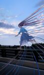  1girl bangs barefoot blue_eyes blue_skirt blue_sweater brown_hair cloud day from_behind highres kwgt long_hair long_sleeves looking_at_viewer looking_back on_railing original outdoors photo_background road running see-through_silhouette skirt solo straight_hair street surreal sweater turtleneck turtleneck_sweater very_long_hair 