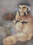  1boy abs absurdres ahoge bara beard beckoning bulge come_hither daikoku_(housamo) facial_hair forked_eyebrows highres large_pectorals looking_at_viewer male_focus mature_male multicolored_hair muscular muscular_male mustache mutton_chops naked_towel nipples onsen orange_eyes outstretched_hand pectorals reaching_out short_hair shumeru_hito_(a_sumerian0112) sideburns solo stomach stubble thick_eyebrows tokyo_afterschool_summoners topless_male towel two-tone_hair white_hair 