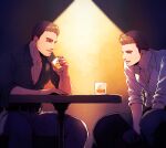  2boys alcohol belt chris_redfield collared_shirt cup facial_hair highres holding holding_cup komatta_(jammochi) looking_at_another male_focus multiple_boys muscular muscular_male open_mouth pants partially_unbuttoned piers_nivans resident_evil resident_evil_6 shirt short_hair sitting sleeves_rolled_up table 