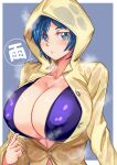  1girl :&lt; bangs bikini blue_bikini blue_eyes blush breasts cleavage coat collarbone covered_nipples exhibitionism highres hood hood_up huge_breasts kaga_kasama kanji large_breasts looking_at_viewer navel open_clothes open_coat original public_indecency raincoat short_hair simple_background solo steam swimsuit thick_eyebrows upper_body wet wet_clothes yellow_raincoat 