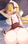  1girl absurdres alternate_costume anus apron ass blonde_hair breasts disgaea enmaided from_behind highres large_breasts long_hair looking_at_viewer maid maid_apron maid_headdress makai_senki_disgaea_3 nanozenzen pointy_ears red_eyes saliva salvatore_(disgaea) sweat very_long_hair 