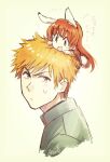  1boy 1girl animal_ears bleach brown_eyes eyebrows_visible_through_hair full_body inoue_orihime kurosaki_ichigo long_hair looking_at_viewer minigirl muraosa_(conjecture) open_mouth orange_hair rabbit_ears school_uniform short_hair spiked_hair upper_body 