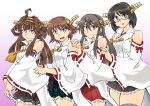  4girls ahoge arima_kinen black_hair blue_eyes breasts brown_eyes brown_hair cowboy_shot detached_collar gradient gradient_background green-framed_eyewear haruna_(kancolle) headgear hiei_(kancolle) jewelry kantai_collection kirishima_(kancolle) kongou_(kancolle) lace-trimmed_skirt lace_trim looking_at_viewer medium_breasts multiple_girls nontraditional_miko plaid purple_eyes ribbon-trimmed_sleeves ribbon_trim ring sarashi semi-rimless_eyewear skirt smile thighhighs thighs under-rim_eyewear wedding_band wide_sleeves zettai_ryouiki 