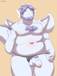  anthro aresanchor beard blue_body blue_fur blue_hair chest_tuft clothing dragon facial_hair foreskin fur genitals hair hi_res horn male partially_retracted_foreskin penis pepper_(aresanchor) pink_eyes presenting pubes slightly_chubby solo tuft underwear wings 