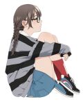  1girl artist_name blush braid brown_hair from_side glasses hugging_own_legs long_hair mattaku_mousuke original profile red_legwear shoes sitting skirt sneakers solo striped striped_sweater sweater twin_braids watermark white_background 