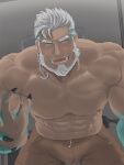  1boy abs absurdres aegir_(housamo) anchor_earrings aqua_hair bara beard blue_eyes brown_pants bulge come_hither dark-skinned_male dark_skin earrings erection erection_under_clothes facial_hair feet_out_of_frame fingernails fins fish_boy highres jewelry large_pectorals leaning_forward male_focus mature_male multicolored_hair muscular muscular_male navel nipples open_fly outstretched_hand pants pectorals seductive_smile sharp_fingernails short_hair shumeru_hito_(a_sumerian0112) single_earring smile solo stomach streaked_hair tokyo_afterschool_summoners topless_male white_hair 