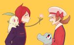  1boy 1girl :d bow brown_hair cabbie_hat chikorita closed_eyes cowlick flower from_side hat hat_bow jacket jaho long_hair lyra_(pokemon) open_mouth pink_flower pokemon pokemon_(game) pokemon_hgss purple_jacket red_bow red_hair red_shirt shirt silver_(pokemon) simple_background smile teeth totodile upper_teeth white_headwear yellow_background 