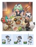  absurdres alcohol bracelet breasts chopsticks cleavage commentary_request green_hair hat highres hood inugami_gyoubu_(kemono_friends) japanese_clothes jewelry kemono_friends kimono narwhal_(kemono_friends) roonhee sake snake straw_hat table tsuchinoko_(kemono_friends) twintails yamata_no_orochi_(kemono_friends) yellow_eyes 