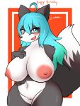  anthro big_breasts blue_eyes blue_hair blush breasts canid canine canis domestic_dog embarrassed female fluffy fluffy_tail genitals hair hanul hi_res isaaclou looking_at_viewer mammal paws pussy smile solo wide_hips 