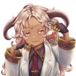  1girl :3 alchemist_(tricktakers) animal_ears black_gloves brown_hair closed_mouth collared_shirt commentary_request curled_horns dark-skinned_female dark_skin flask formal gloves half_gloves hands_up holding holding_flask horizontal_pupils horns jacket long_hair long_sleeves looking_at_viewer necktie nina_(maurururoa) red_eyes red_necktie shirt smile suit tie_clip tricktakers upper_body white_background white_jacket wing_collar 