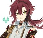  1boy ahoge genshin_impact green_eyes highres long_hair looking_at_viewer low_ponytail male_focus mole mole_under_eye multicolored_hair red_hair ryu_genshin77 shikanoin_heizou two-tone_hair 