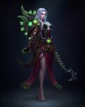  1girl absurdres armor breasts cleavage dark_background dress fanfoxy gauntlets highres holding holding_weapon long_hair looking_at_viewer looking_to_the_side lumen_(warcraft) medium_breasts red_eyes red_lips shoulder_armor warcraft weapon white_hair witch world_of_warcraft 
