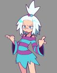  1girl angry bacun blue_eyes bra_strap double_middle_finger dress forehead freckles hair_bobbles hair_ornament middle_finger pokemon pokemon_(game) pokemon_bw2 roxie_(pokemon) solo spiked_hair striped striped_dress tongue tongue_out topknot two-tone_dress white_hair 