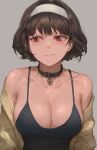  1girl absurdres bangs bare_shoulders black_hair breasts cleavage close-up closed_mouth free_style_(yohan1754) grey_background highres large_breasts mole mole_under_eye off_shoulder original red_eyes short_hair simple_background smile solo upper_body 