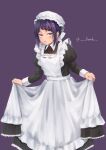  1girl apron blush boku_no_hero_academia breasts dress highres holding holding_clothes holding_dress jirou_kyouka long_dress long_sleeves looking_at_viewer maid maid_apron maid_day maid_headdress purple_background purple_eyes purple_hair short_hair simple_background small_breasts solo starch twitter_username 