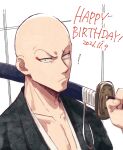  ! 1boy bald bleach choko_egg collarbone dated happy_birthday highres holding holding_sword holding_weapon looking_at_viewer madarame_ikkaku male_focus portrait sheath sheathed solo sword upper_body weapon white_background 