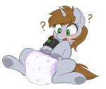  bethesda_softworks big_diaper blush brown_hair diaper diaper_fetish equid equine fallout fallout_equestria fan_character feral green_eyes hair hasbro hooves horn littlepip lying mammal my_little_pony on_back pip-boy puffy_diaper quadruped question_mark shuphle simple_background unicorn video_games white_background 
